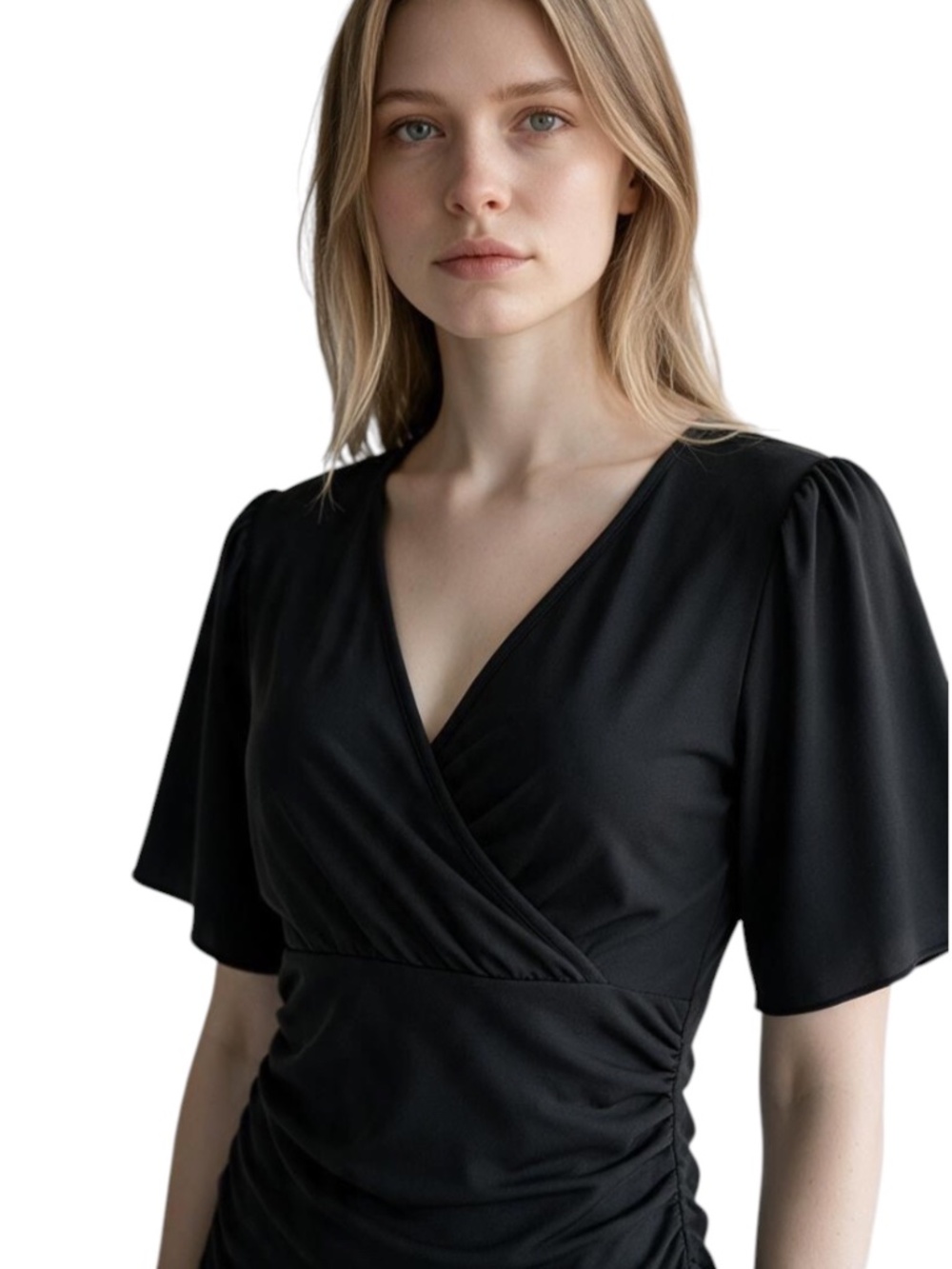 Black Wrap-Style V-Neck Ruched Flutter-Sleeve Top – Size M